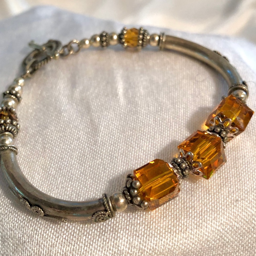 Handmade Amber Swarovski Crystal Sterling Silver Bracelet with Toggle Clasp